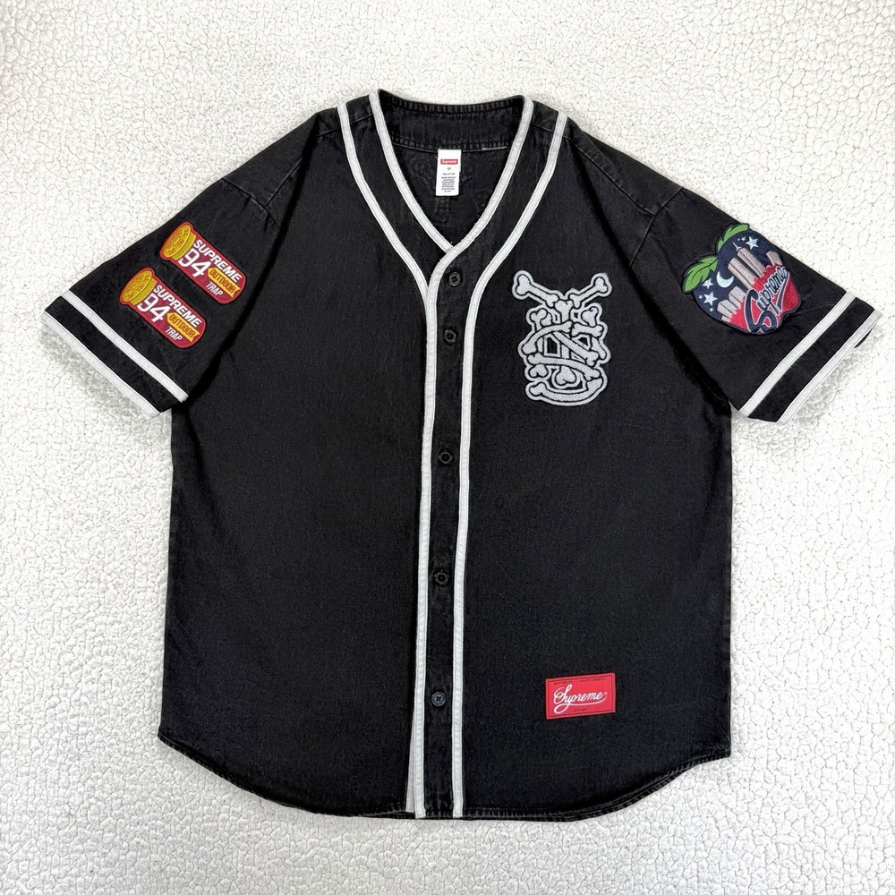 Supreme Patches Denim Baseball Jersey Black Men's M Streetwear Hypebeast NY